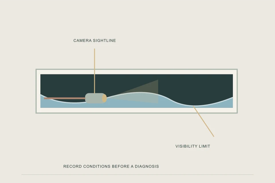 Conceptual illustration of longitudinal water pool with submerged camera sightline and clear section
