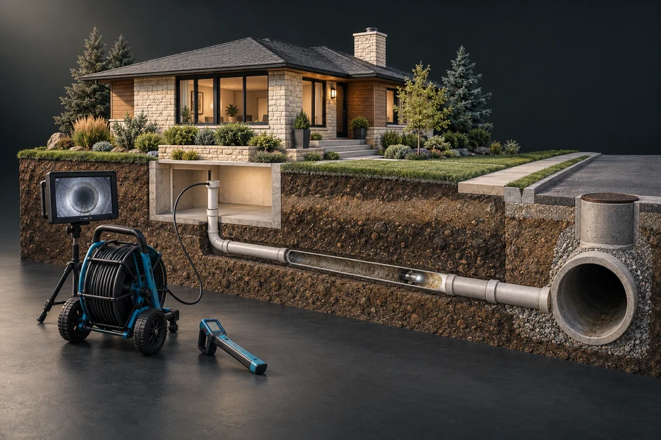 Conceptual architectural section of a Calgary bungalow with a camera reel, locator and camera head inside the sewer lateral